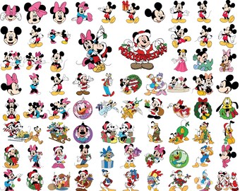Paquete de imágenes prediseñadas navideñas de dibujos animados, conjunto de adorables personajes navideños en PNG, Mickey y sus amigos festivos en PNG, sublimación de Feliz Navidad, descarga instantánea