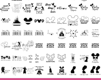 May include: A collection of 150 SVG and PNG files featuring various designs. The designs include Mickey Mouse ears, text phrases like "Best Day Ever," and Disney-themed graphics. The image has a pink banner at the bottom with the text "150 FILES - SVG & PNG."
