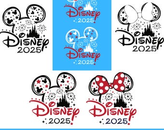 May include: Four different designs for a Disney trip t-shirt featuring Mickey Mouse ears, Minnie Mouse ears, and a silhouette of Cinderella's castle with fireworks. The text "Disney 2025" is included in each design.
