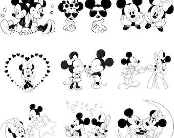 Cute Mickey and Minnie Couple Clipart Png, Romantic Cartoon Silhouette Bundle, Cricut Friendly Svg Cut Files, Baby Minnie Designs for Crafts