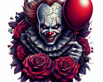 Evil Clown Horror Sublimation PNG, Creepy Red Balloon Halloween Design, Scary Movie Character PNG, Dark Rose Gothic Art, Digital Download