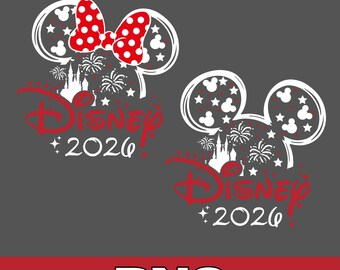 May include: Two Disney-themed graphics on a gray background. One features a red and white polka-dot bow, Mickey Mouse ears, fireworks, and the text "Disney 2026." The other graphic is similar, without the bow.