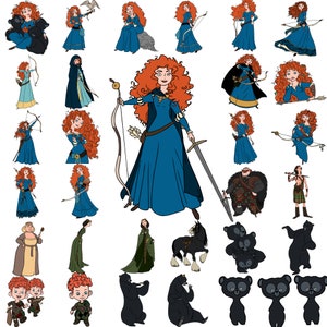 Puede incluir: Una colección de ilustraciones que representan a una mujer pelirroja con un vestido azul, un oso y otros personajes. La mujer sostiene un arco y una flecha en algunas de las ilustraciones. Las ilustraciones son de estilo de dibujos animados.
