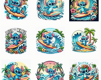 Watercolor Surf Stitch Png Bundle, Tropical Summer Surfing Clipart, Cute Beach Wave Art for Sublimation, High-Res Printable Digital Download