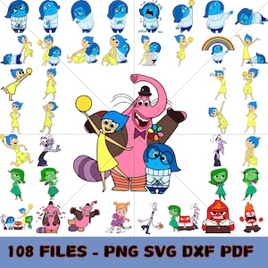 May include: A set of 108 digital clipart images featuring characters from the animated film Inside Out. The characters include Joy, Sadness, Anger, Disgust, and Fear. The images are in PNG, SVG, DXF, and PDF formats.