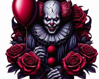 Creepy Clown Halloween PNG, Dark Horror Movie Sublimation Design, Red Balloon Gothic Art, Spooky Killer Character Clipart, Instant Download