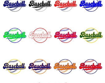 May include: Twelve digital clipart images of a baseball with the word "Baseball" written in a retro font. The baseballs are in various colors, including red, blue, green, yellow, black, and white.