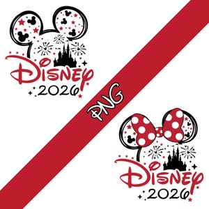 Peut inclure: Deux motifs sur le thème de Disney avec des oreilles de Mickey et Minnie, des feux d'artifice et une silhouette de château. Le texte "Disney 2026" est en script rouge. Une bande diagonale rouge avec le texte "PNG" est également présente.