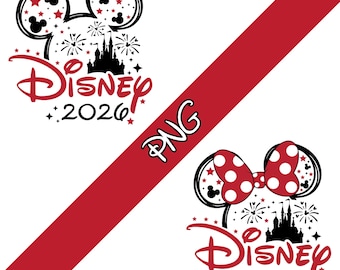 May include: Two Disney-themed designs featuring Mickey and Minnie Mouse ears, fireworks, and a castle silhouette. The text "Disney 2026" is in red script. A red diagonal stripe with "PNG" text is also present.