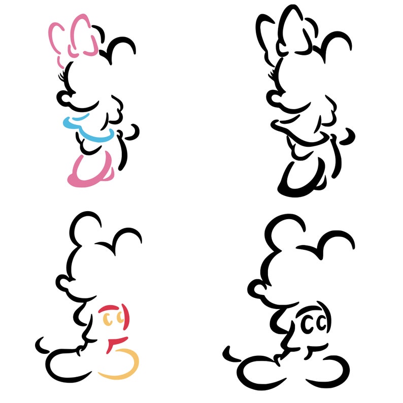 May include: Four black and white line drawings of cartoon characters. The characters are in different poses, with some wearing bows and others with circles on their bodies.