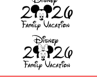 May include: Black and white Disney Family Vacation 2026 design featuring Mickey and Minnie Mouse. The design includes the Disney logo, the year 2026, and the words "Family Vacation". The bottom of the image has the text "SVG & PNG".