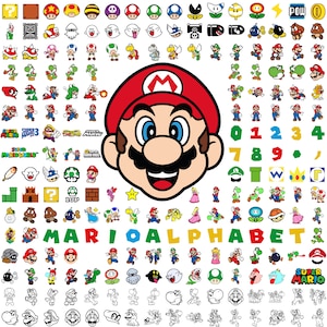 1480+ スーパーマリオ SVG バンドル (クリカットと昇華用)、マリオ カット ファイル、マリオ クリップアート、スーパーマリオ フォント、マリオ PNG、印刷可能なマリオ