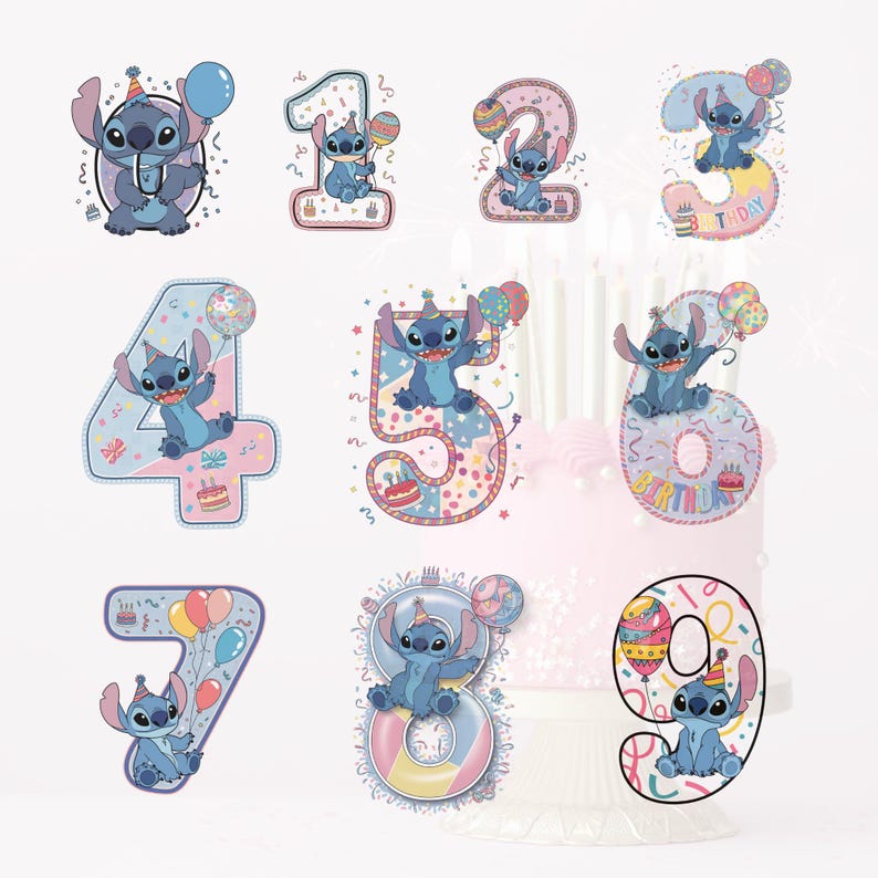 K&ouml;nnte beinhalten: Neun bunte Geburtstagstorten-Topper mit einer blauen Comicfigur mit Partyhut und Ballons. Jeder Topper ist eine andere Zahl von 1 bis 9.