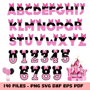 Minnie Mouse Pink Polka Dot alfabeto y números completos en formato PNG no SVG (incluye un marco de fotos gratis) Alfabeto para proyectos pequeños