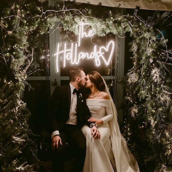 Niestandardowy neonowy napis ślubny: Nazwisko rodziny, wystrój BOHO