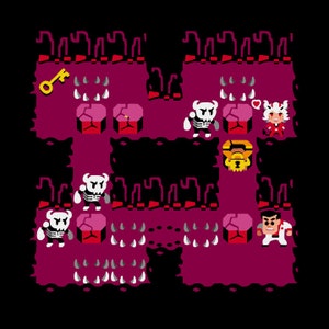 Puede incluir: Una escena de videojuego pixelada con un fondo rosa. La escena presenta una llave, una moneda de oro, un corazón y varios personajes. Los personajes incluyen un esqueleto con una capa roja, un esqueleto con una capa amarilla, un esqueleto con una capa azul y un personaje con una camisa blanca y pantalones negros.