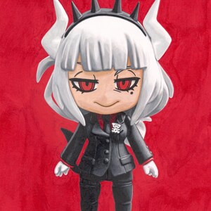 May include: A chibi-style illustration of a character with white hair, red eyes, and black horns. The character is wearing a black suit with a white collar and a red tie. The background is a solid red.