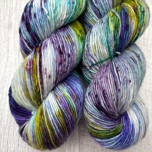 May include: Two skeins of hand-dyed yarn in a vibrant mix of colors. The yarn features shades of purple, blue, green, and yellow, creating a speckled effect. The yarn is wound into a soft, textured bundle, perfect for knitting or crocheting projects.