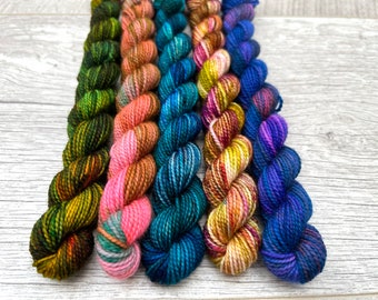 50g Sock yarn 4ply fingering set 5 x 10g hand dyed superwash merino micro skeins U.K.