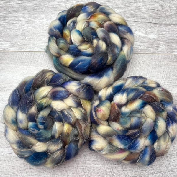 100g Merino Silk Flax hand dyed fibre combed tops. UK