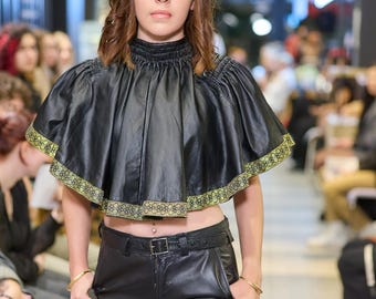 SHORT LEATHER CAPE with Hand-Embroidered Gold Lace | Black Women’s Cape | Vintage Leather Fashion and Party Cape | Unique Gift for Her