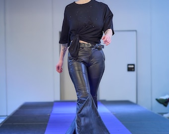 WOMEN'S FLARED BLACK Leather Pants | Vintage Handmade Leather Jeans | Custom Luxury Leather Pant for Girls | Unique Women's Wear for Party