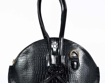 ハンドメイドブラッククロコダイルレザーハンドバッグ｜ヴィンテージデザイナーバッグ｜女性用高級バッグ｜ユニークでスタイリッシュなギフト