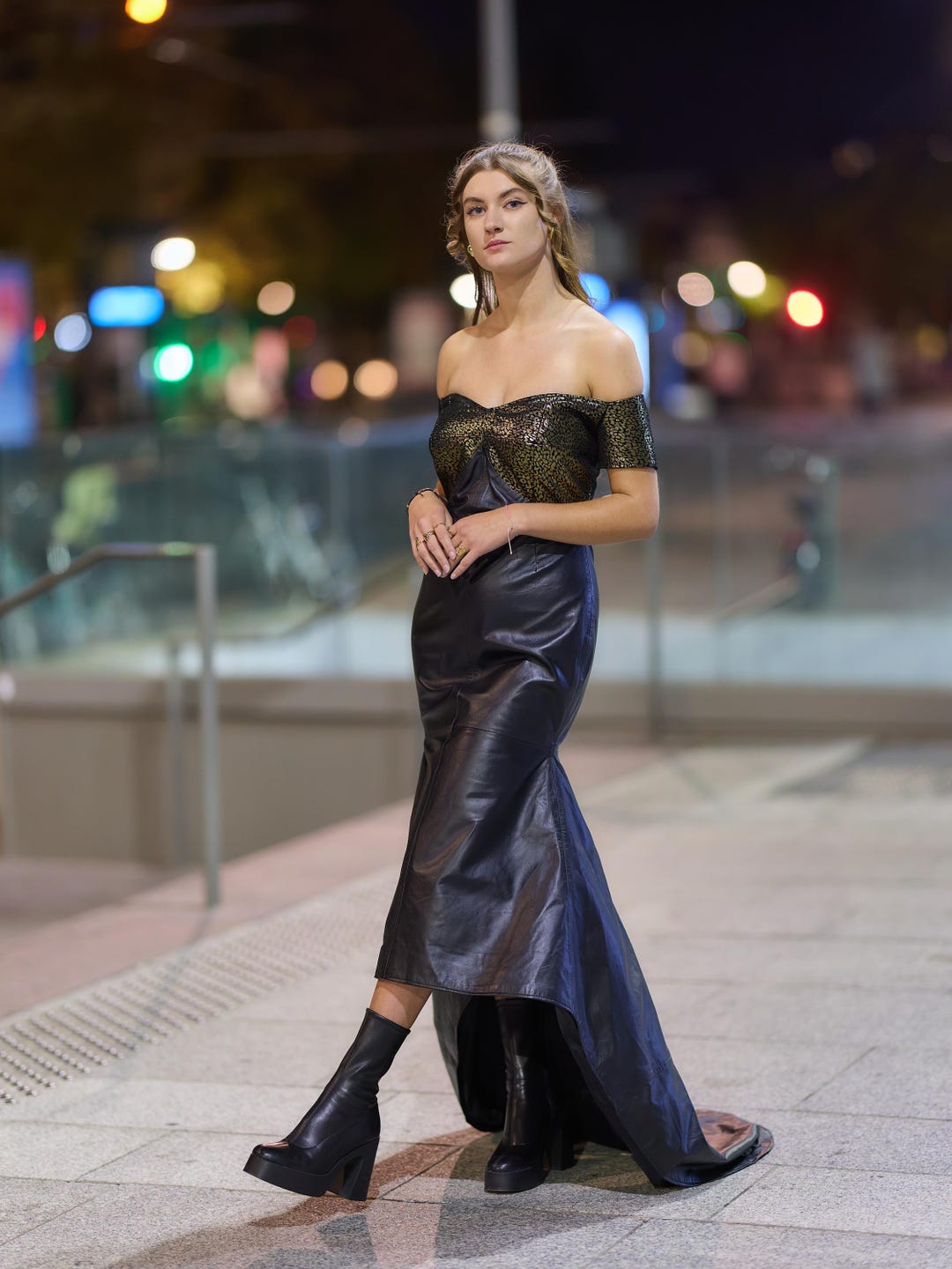 Leather Paneled Long Sleeved Dress