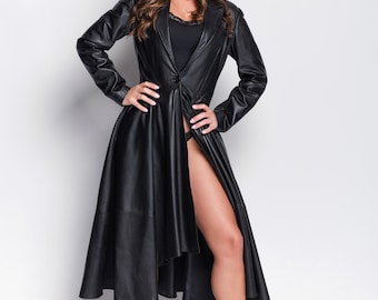FLARED LAMBSKIN TRENCH Coat | Vintage Women Black Trench Coat | Handmade Elegant Leather Long Winter Coat | Unique Fashion Gift for Her