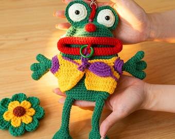 Gehäkelter Frosch Schlüsselbeutel • Handgemachter Schlüsselhalter • Süßer Amigurumi Frosch Taschenanhänger • Reißverschluss-Münzbeutel • Kawaii Geschenk • Schlüsseletui