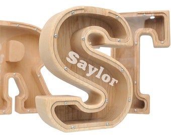 Personalized Large Wooden Kids Letter Piggy Bank   Letter Bank Money Box  Custom Name Coin Bank  Christmas gift Initial Bank