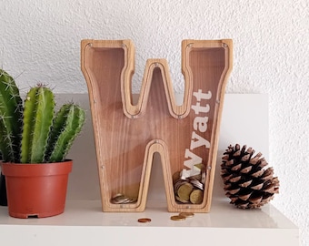 Personalized Large Wooden Letter Piggy Bank, Wood Alphabet Letter Coin Bank, Money Box Birthday, Wooden Cash Box,  piggy bank for boy