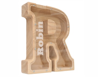 Large Personalized Wooden Letter Piggy Bank with Engraving and Size Choice, Money Bank for Girl and Boy