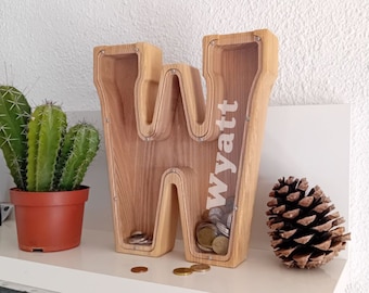 Personalisierte Jungen Sparschwein, Holz Geschenk für Kinder, neutrales Baby-Dusche-Geschenk, personalisierte Briefbank, Jungen-Kinderzimmer-Dekor