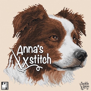 May include: A cross-stitch pattern featuring a brown and white Border Collie dog. The design includes the text "Anna's X stitch" with a needle and thread graphic. The PDF download icon is in the lower left corner.