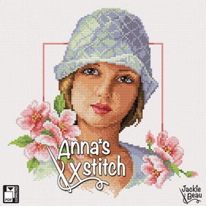 May include: Cross stitch pattern featuring a woman with short brown hair wearing a blue and white hat and a blue sweater. She is surrounded by pink flowers. The text "Anna's Xstitch" is in the center of the image.