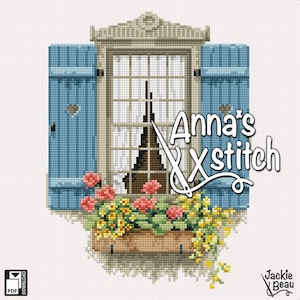 May include: Cross-stitch pattern featuring a window with blue shutters, a flower box, and the Eiffel Tower visible through the window. The text "Anna's Xstitch" is displayed in a stylized font. The design includes pink and yellow flowers.