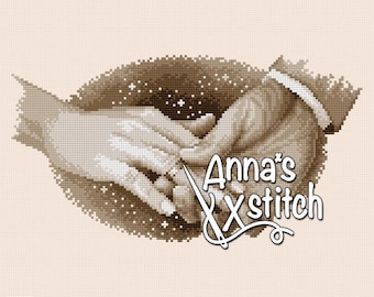 May include: A sepia-toned cross-stitch pattern of two hands holding each other with a ring on the finger of the right hand. The background is a starry night sky. The text "Anna's Xstitch" is in the lower right corner of the image.