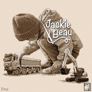 Peut inclure: Un modèle de point de croix représentant un enfant jouant avec des camions jouets. L'enfant porte un chapeau et une veste marrons. Le modèle est intitulé "Jackie & Beau" et comprend le logo Etsy.