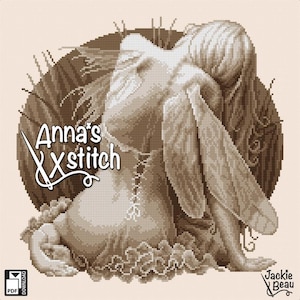 May include: A cross stitch pattern featuring a sepia-toned image of a woman with wings, lying on her side with her head resting on her hand. The pattern is titled "Anna's Xstitch" and includes the artist's name, "Jackie Beau".