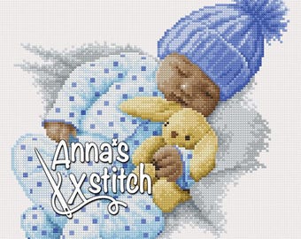 Baby with knitted hat (colour) - Cute baby cross stitch pattern PDF instant download xstitch Jackie Beau design