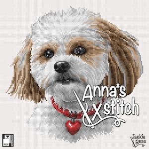 May include: Cross stitch pattern of a white and brown Shih Tzu dog wearing a red collar with a heart charm. The pattern is titled "Anna's X Stitch" and includes the artist's name, Jackie Beau.