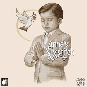 Op de afbeelding: Een zwart-wit kruissteekpatroon van een jonge jongen die bidt met een duif die een olijftak boven hem vasthoudt. Het patroon is getiteld "Anna's Xstitch".