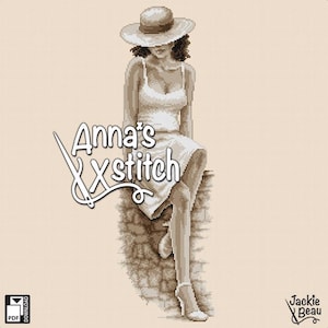 May include: A sepia-toned cross-stitch pattern featuring a woman in a white dress and hat, seated on a stone wall. The text "Anna's Xstitch" is displayed with a needle and thread graphic. The PDF download icon is in the lower left.