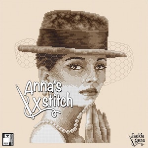 May include: Cross-stitch pattern featuring a sepia-toned portrait of a woman wearing a hat with a veil and a pearl necklace. The text "Anna's X stitch" is displayed in a stylized font. The PDF download icon is in the lower left corner.