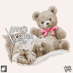 Bebis med nalle - Söt korsstygnsmönster för bebisar i PDF-format, ladda ner direkt, xstitch, Jackie Beau-design