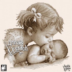 Kiss from big sister - Cute baby cross stitch pattern PDF instant download xstitch Jackie Beau design