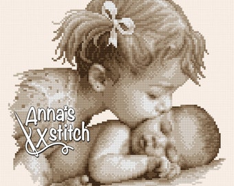 Kiss from big sister - Cute baby cross stitch pattern PDF instant download xstitch Jackie Beau design