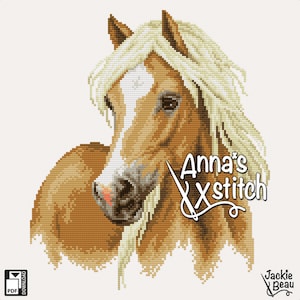 Può includere: Schema a punto croce di una testa di cavallo, con mantello marrone, lista bianca e criniera bionda. Il design include il testo "Anna's X stitch" e un'icona di download PDF.