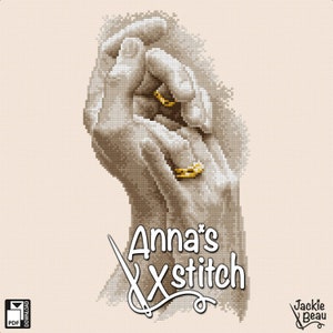 May include: Two hands holding each other with gold rings on their fingers. The image is in a cross-stitch style and has a beige background. The text "Anna's Xstitch" is in the lower right corner of the image.